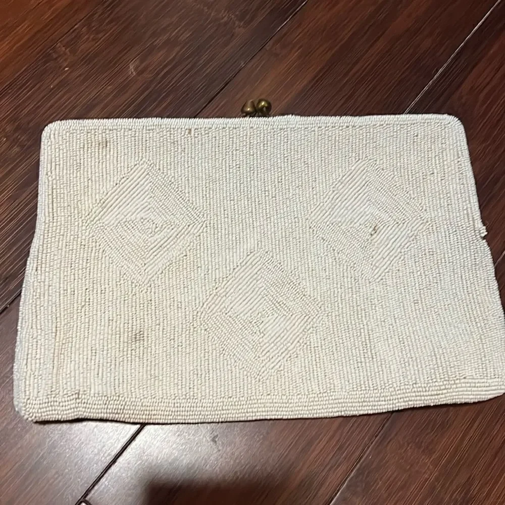 Vintage White Beaded Clutch - Joselle Bags - Lined Inside - Slip Pocket